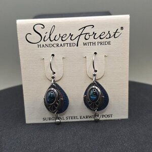 NEW Silver Forest Blue Silver Layered Earrings Filigree Dangle Surgical Steel